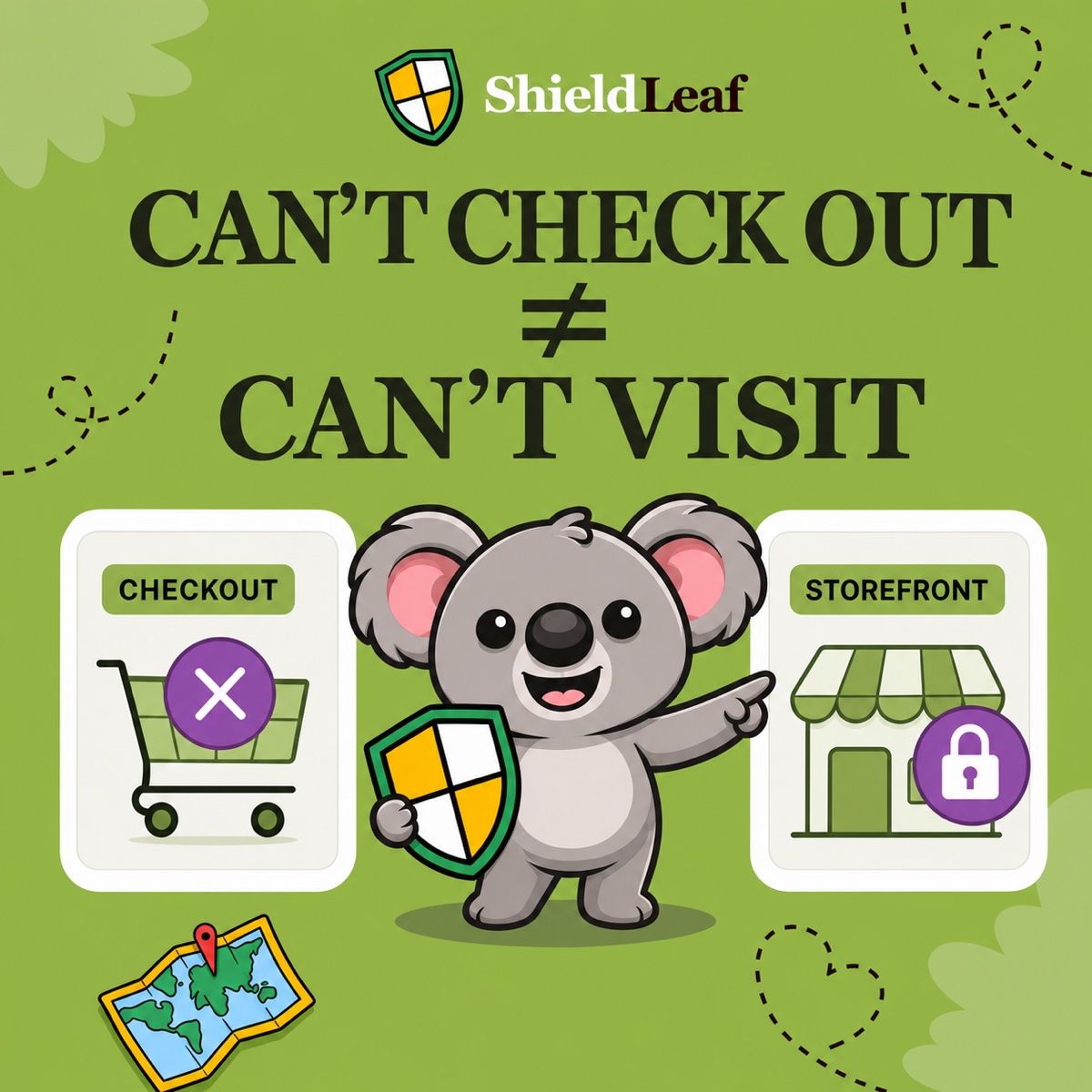 NO PUEDO COMPRAR ≠ NO PUEDO VISITAR. Leafy sostiene un escudo entre los paneles de pago y de tienda online para mostrar la diferencia entre restricciones de compra y bloqueo de acceso por país.