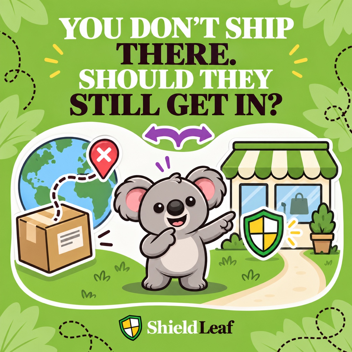 YOU DON'T SHIP THERE. SHOULD THEY STILL GET IN? Leafy weighs a stopped parcel route against an open storefront protected by a ShieldLeaf shield, showing that not shipping and blocking access are separate decisions.
