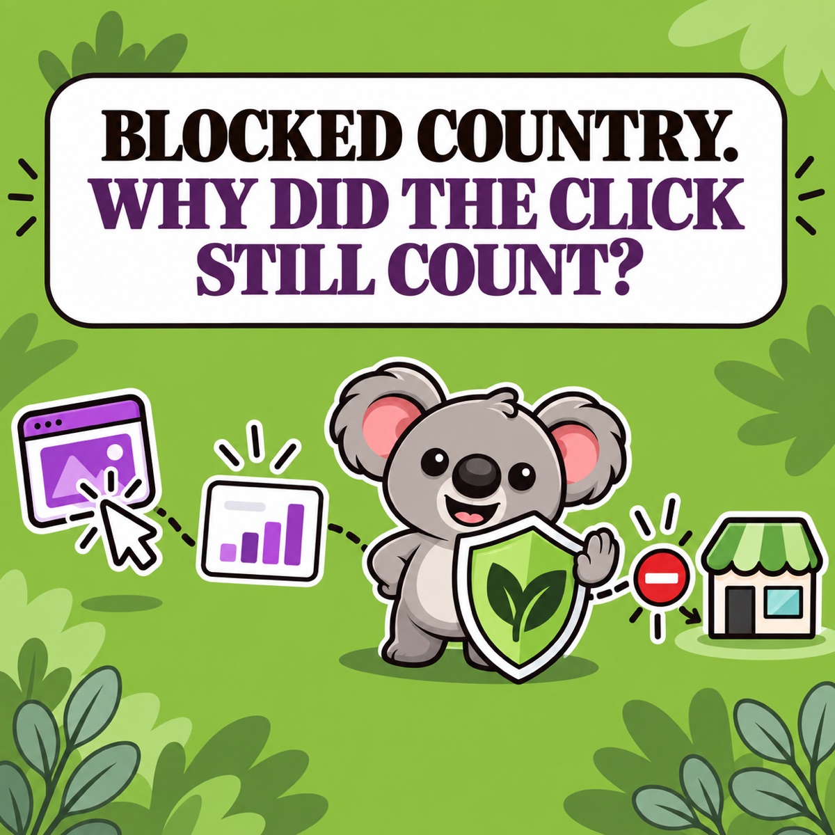 BLOCKED COUNTRY. WHY DID THE CLICK STILL COUNT? Leafy stands behind a ShieldLeaf barrier that stops a dotted visitor path after an ad click and first analytics signal but before a Shopify storefront journey.
