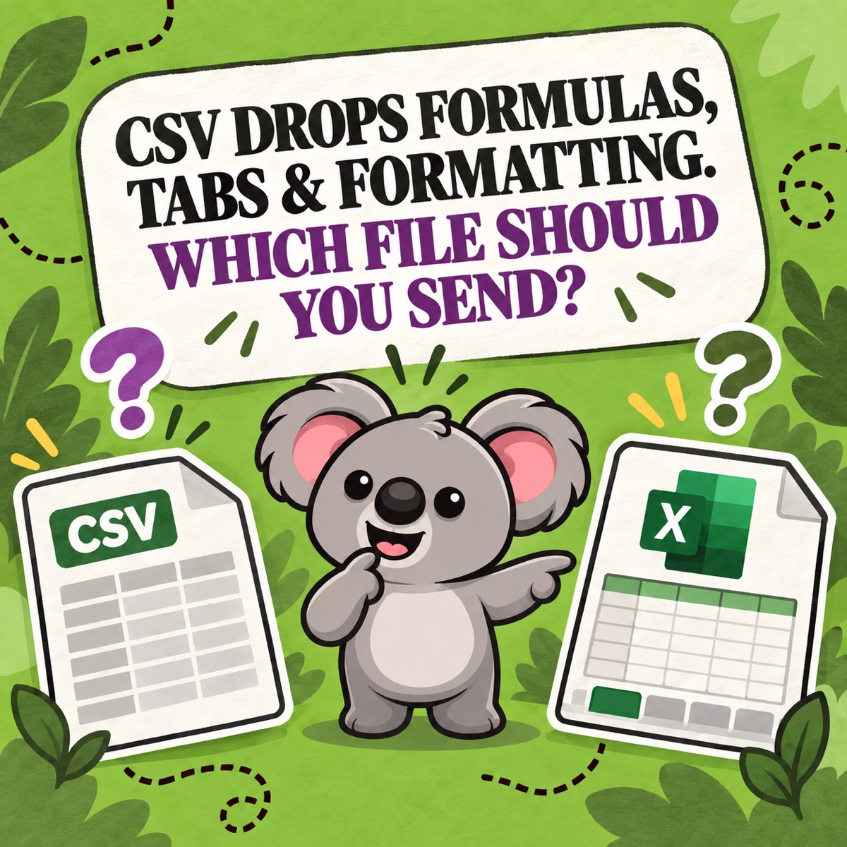 CSV DROPS FORMULAS, TABS & FORMATTING. WHICH FILE SHOULD YOU SEND? Leafy compara una tabla CSV sencilla con un libro de Excel bien presentado y con formato.