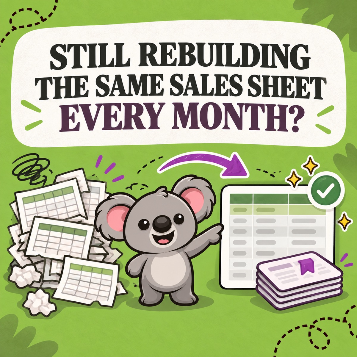STILL REBUILDING THE SAME SALES SHEET EVERY MONTH? Leafy turns a cluttered spreadsheet into a focused LedgerLeaf export profile with grouped sales columns.