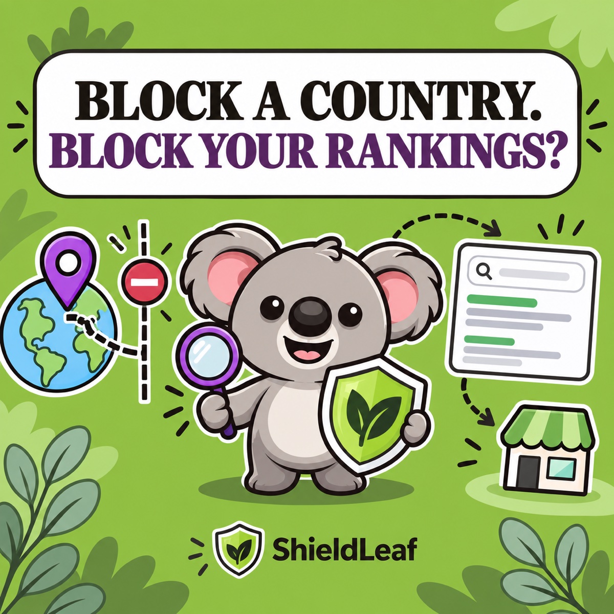 BLOCK A COUNTRY. BLOCK YOUR RANKINGS? Leafy holds a ShieldLeaf shield and magnifying glass between a stopped country route and a search-result path that continues to a storefront.