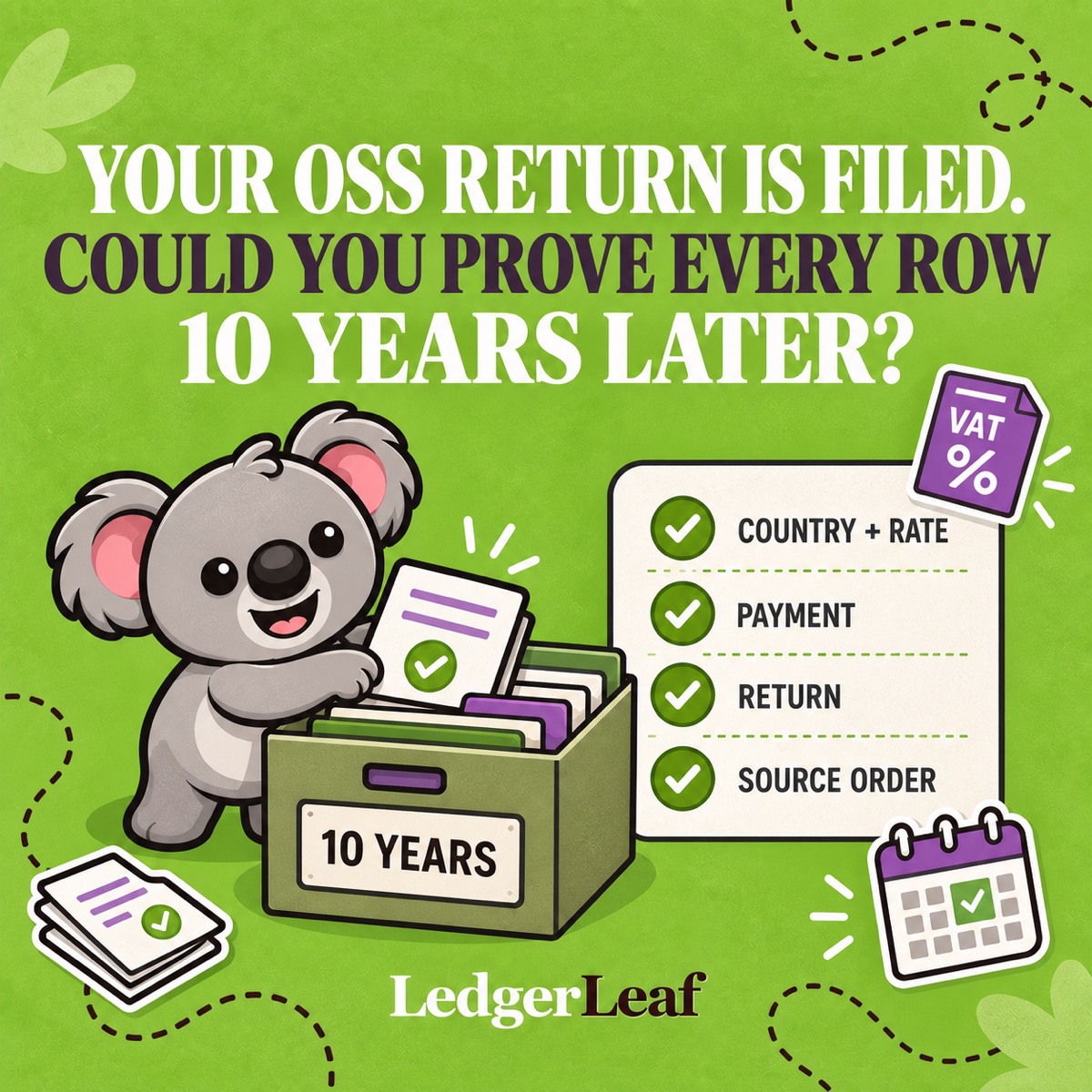 YOUR OSS RETURN IS FILED. COULD YOU PROVE EVERY ROW 10 YEARS LATER? Leafy archiva un expediente probatorio de LedgerLeaf con países, tipos, pagos y declaración.