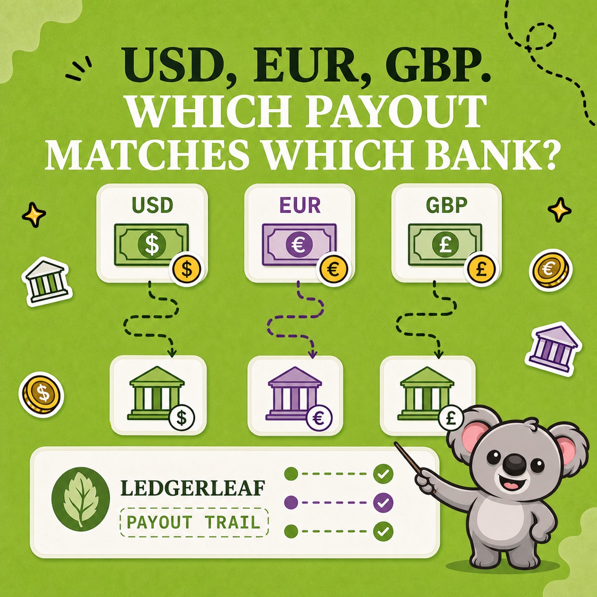 USD, EUR, GBP. WHICH PAYOUT MATCHES WHICH BANK? Leafy guides three currency-labelled payout cards through separate dashed paths to matching bank accounts and a LedgerLeaf payout trail.