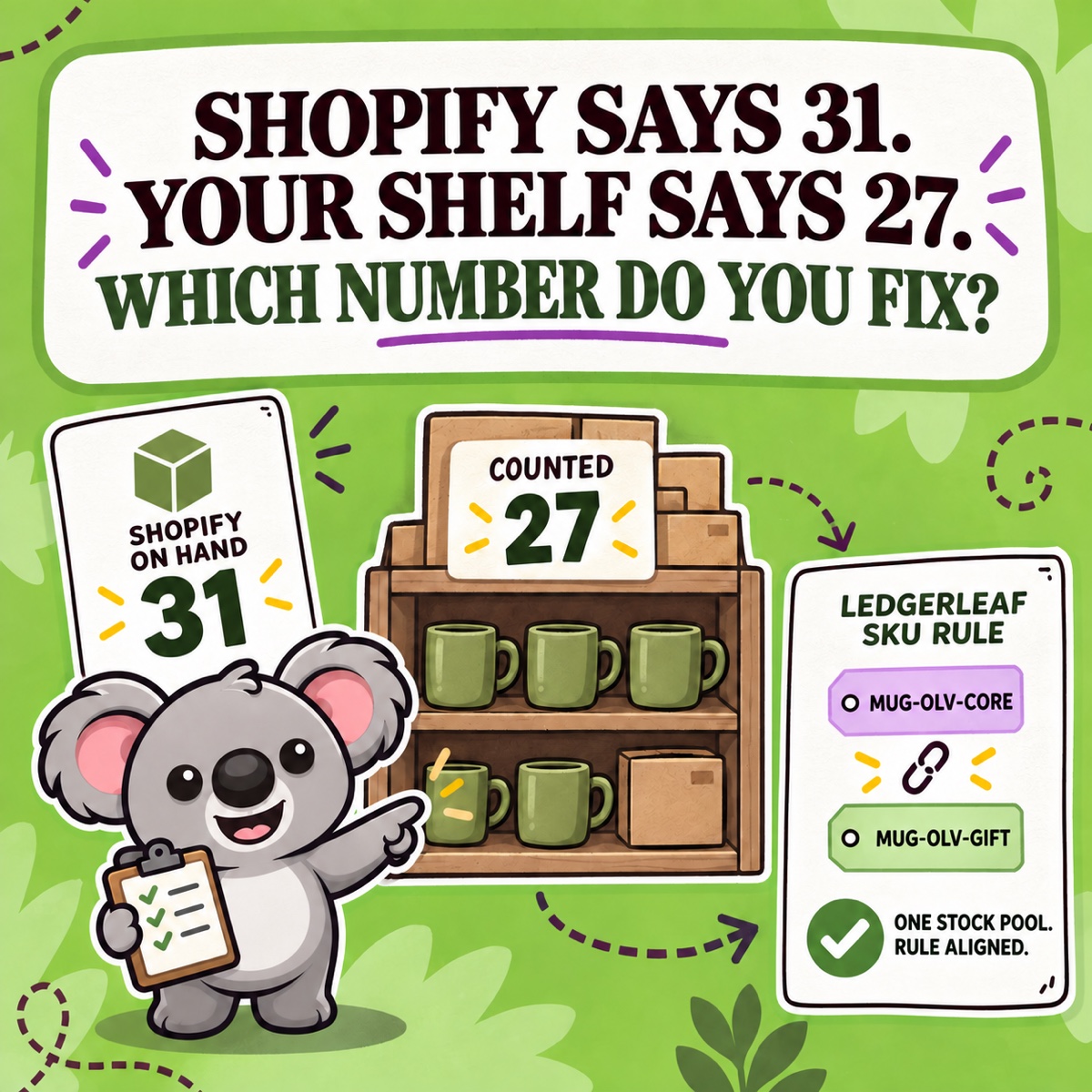 SHOPIFY SAYS 31. YOUR SHELF SAYS 27. WHICH NUMBER DO YOU FIX? Leafy compare une fiche Shopify indiquant 31 unités En stock à 27 boîtes de tasses sur l’étagère, puis montre une règle de SKU LedgerLeaf vérifiée qui synchronise les fiches liées.