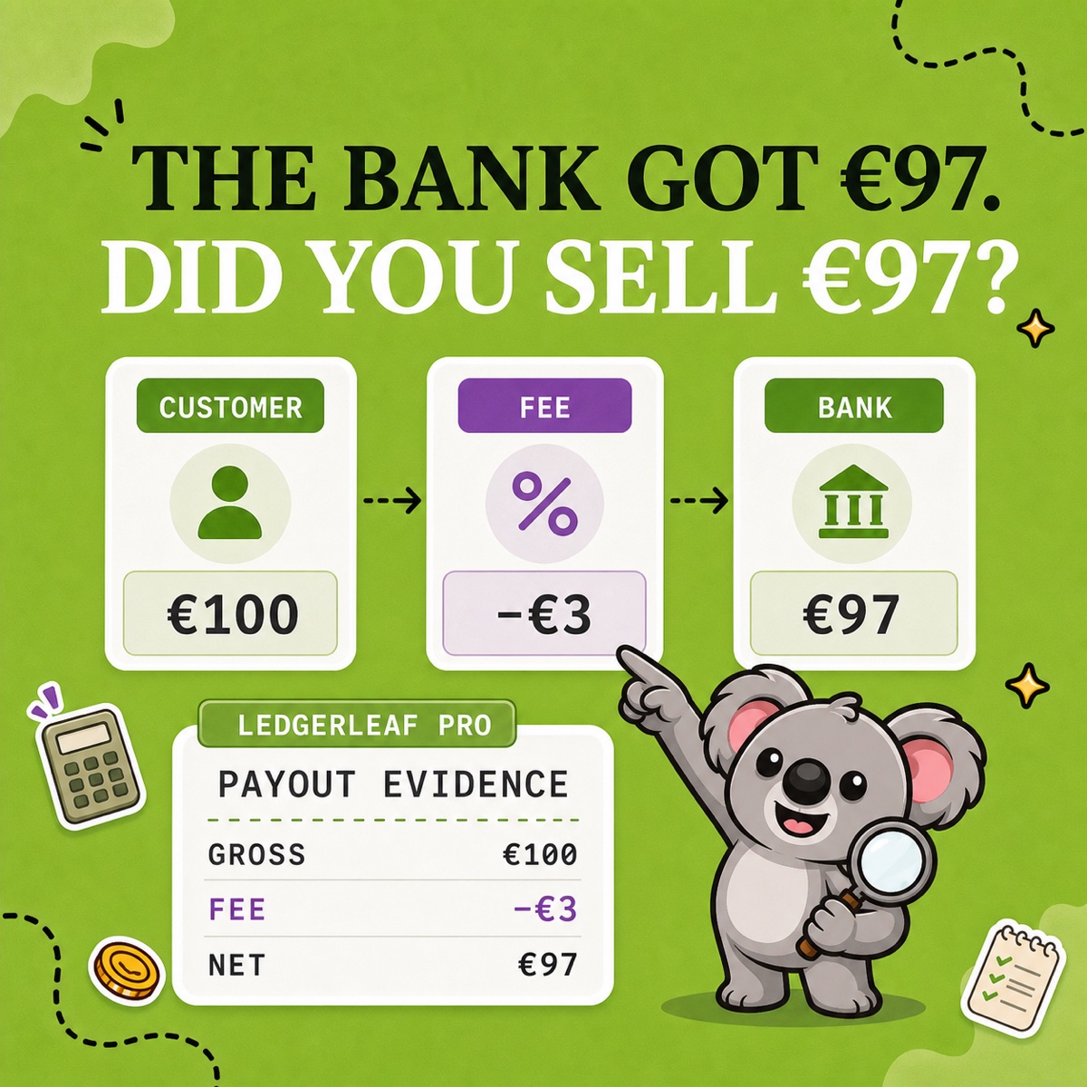 THE BANK GOT €97. DID YOU SELL €97? Leafy points from a €100 customer charge through a €3 processing fee to a €97 bank deposit beside a LedgerLeaf-style payout panel.