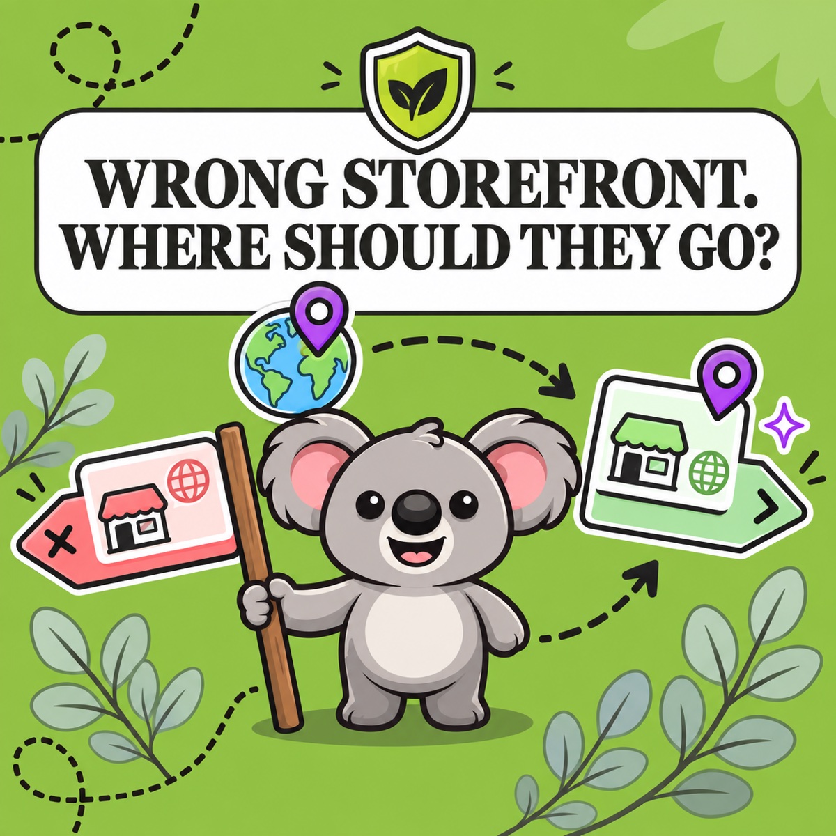 WRONG STOREFRONT. WHERE SHOULD THEY GO? Leafy holds a direction sign as a dashed route sends an international visitor from the wrong storefront toward a suitable regional store under a ShieldLeaf shield.