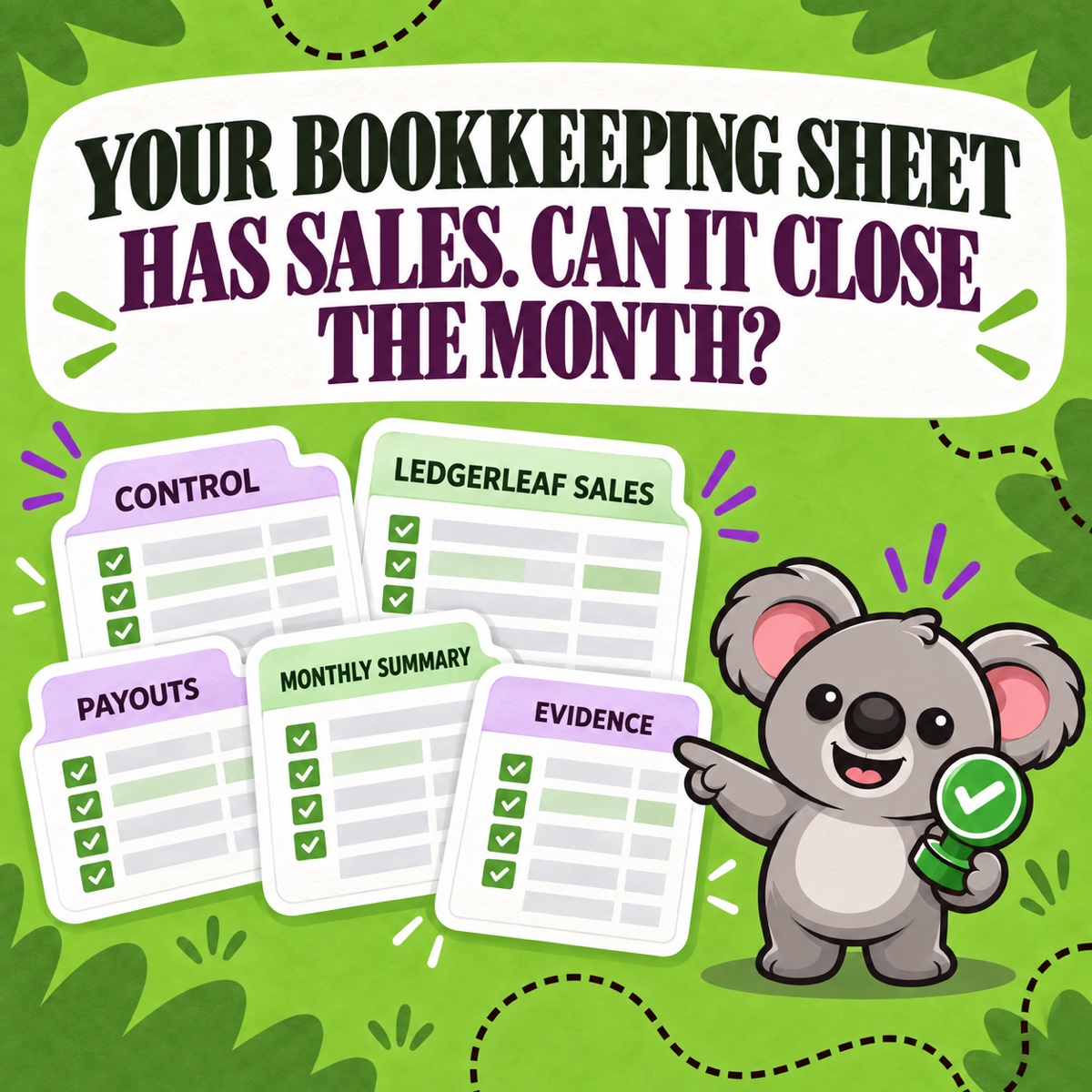 YOUR BOOKKEEPING SHEET HAS SALES. CAN IT CLOSE THE MONTH? Leafy reviews five labeled workbook tabs for control, LedgerLeaf sales, payouts, monthly summary, and evidence.