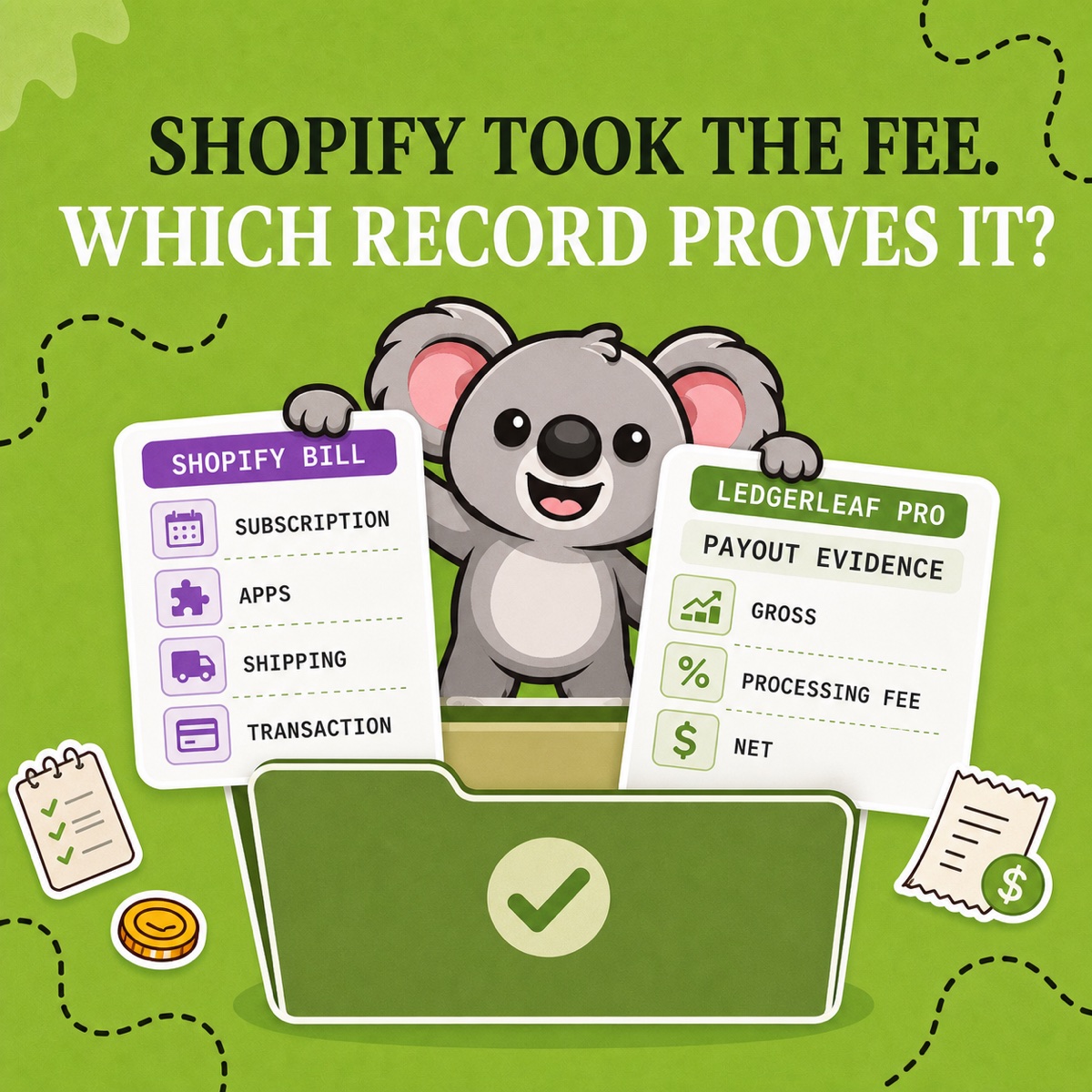 SHOPIFY TOOK THE FEE. WHICH RECORD PROVES IT? Leafy sorts a Shopify bill and LedgerLeaf Pro payout evidence into a green bookkeeping folder, with subscription and processing fees kept separate.