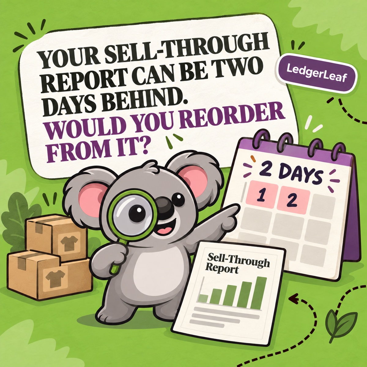 YOUR SELL-THROUGH REPORT CAN BE TWO DAYS BEHIND. WOULD YOU REORDER FROM IT? Leafy uses a magnifying glass beside a two-day calendar, inventory boxes, and a sell-through report on a green LedgerLeaf background.