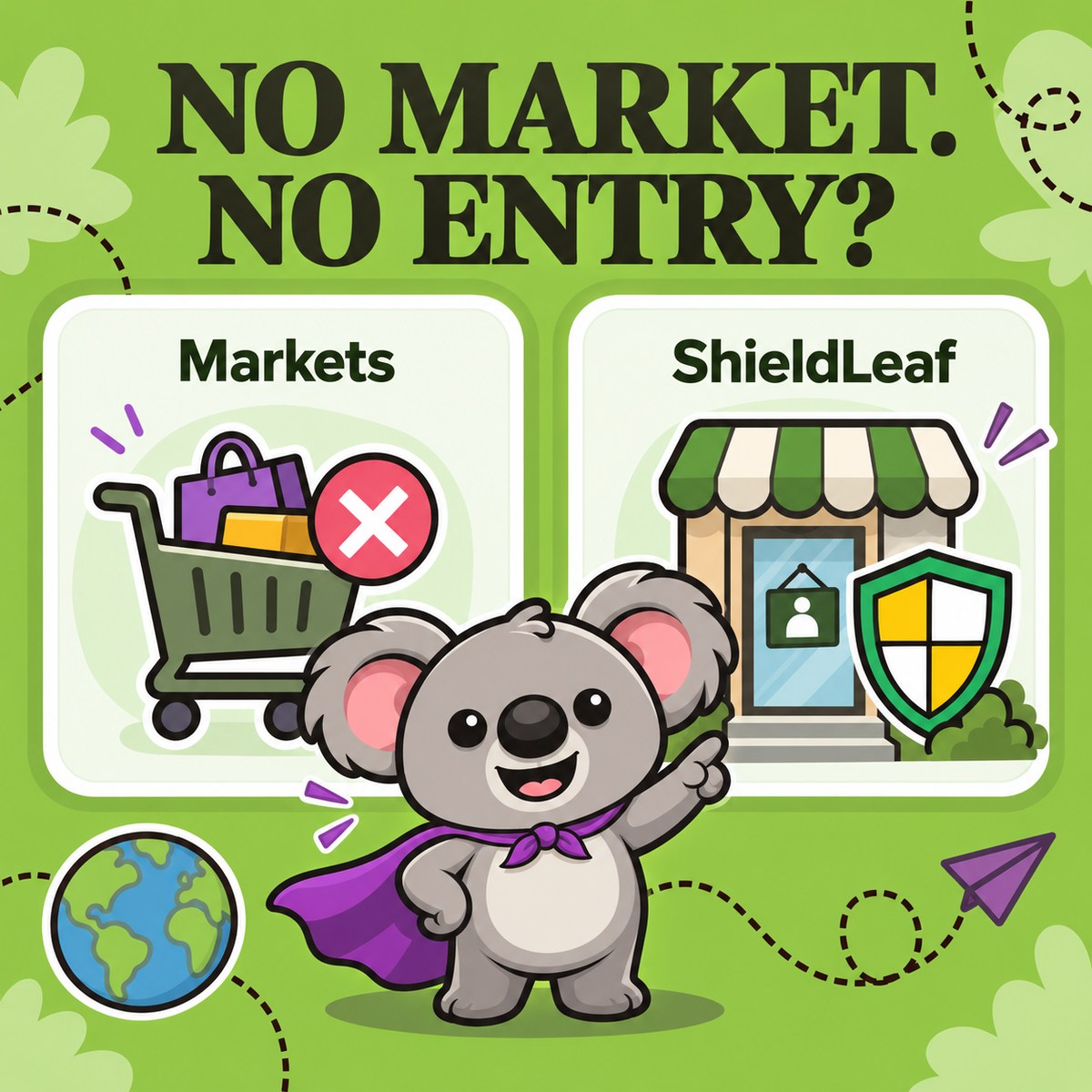 NO MARKET. NO ENTRY? Smiling Leafy compares a crossed-out checkout cart under Markets with a ShieldLeaf shield at a storefront doorway, showing that selling eligibility and visitor access need separate controls.