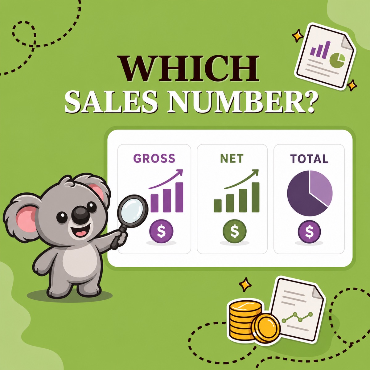 WHICH SALES NUMBER? Leafy compares gross, net, and total sales cards beside a clean LedgerLeaf-style report panel on a green background.