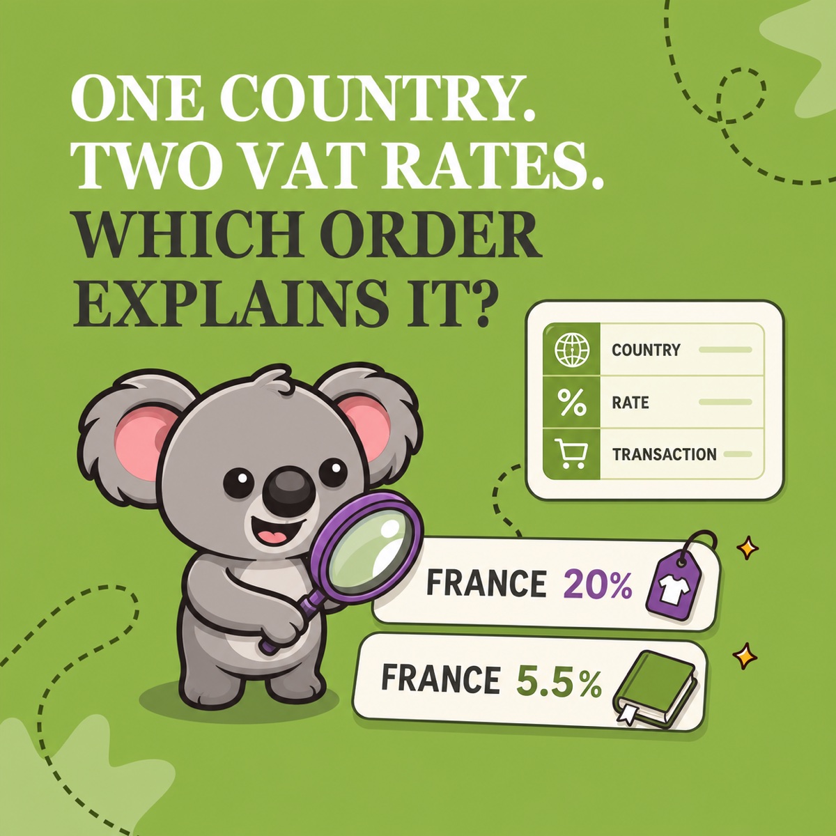 ONE COUNTRY. TWO VAT RATES. WHICH ORDER EXPLAINS IT? Leafy compara con una lupa las filas de Francia al 20 % y al 5,5 %, sobre un panel verde de LedgerLeaf con las etiquetas COUNTRY, RATE y TRANSACTION.