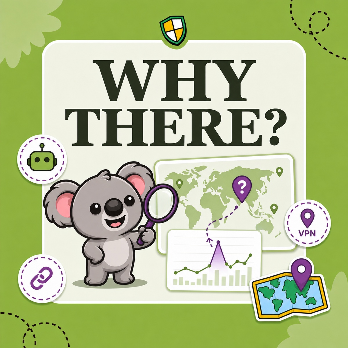 WHY THERE? Leafy traces an unexpected map pin to a traffic chart beside bot, link, and VPN clues in a green ShieldLeaf-style illustration.