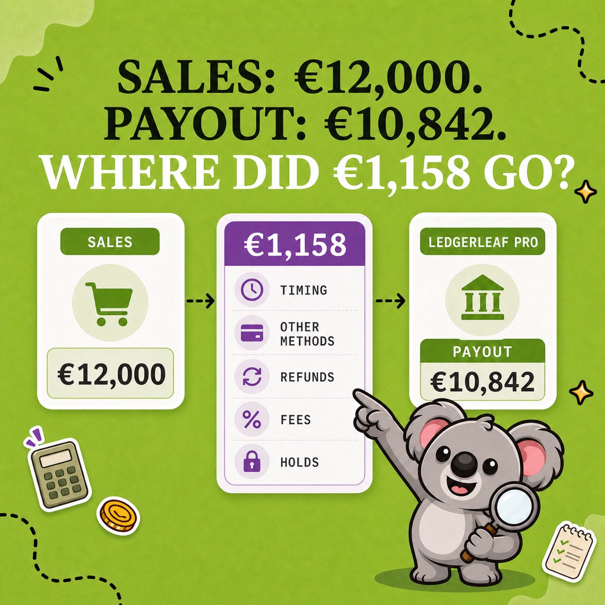 SALES: €12,000. PAYOUT: €10,842. WHERE DID €1,158 GO? Leafy maps timing, other payment methods, refunds, fees, and holds between a sales card and a LedgerLeaf Pro payout card.