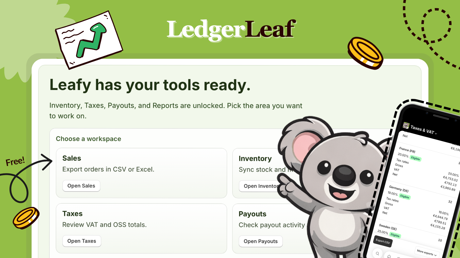 LedgerLeaf Shopify bookkeeping workspace with tools for sales, inventory, taxes, payouts, and reports